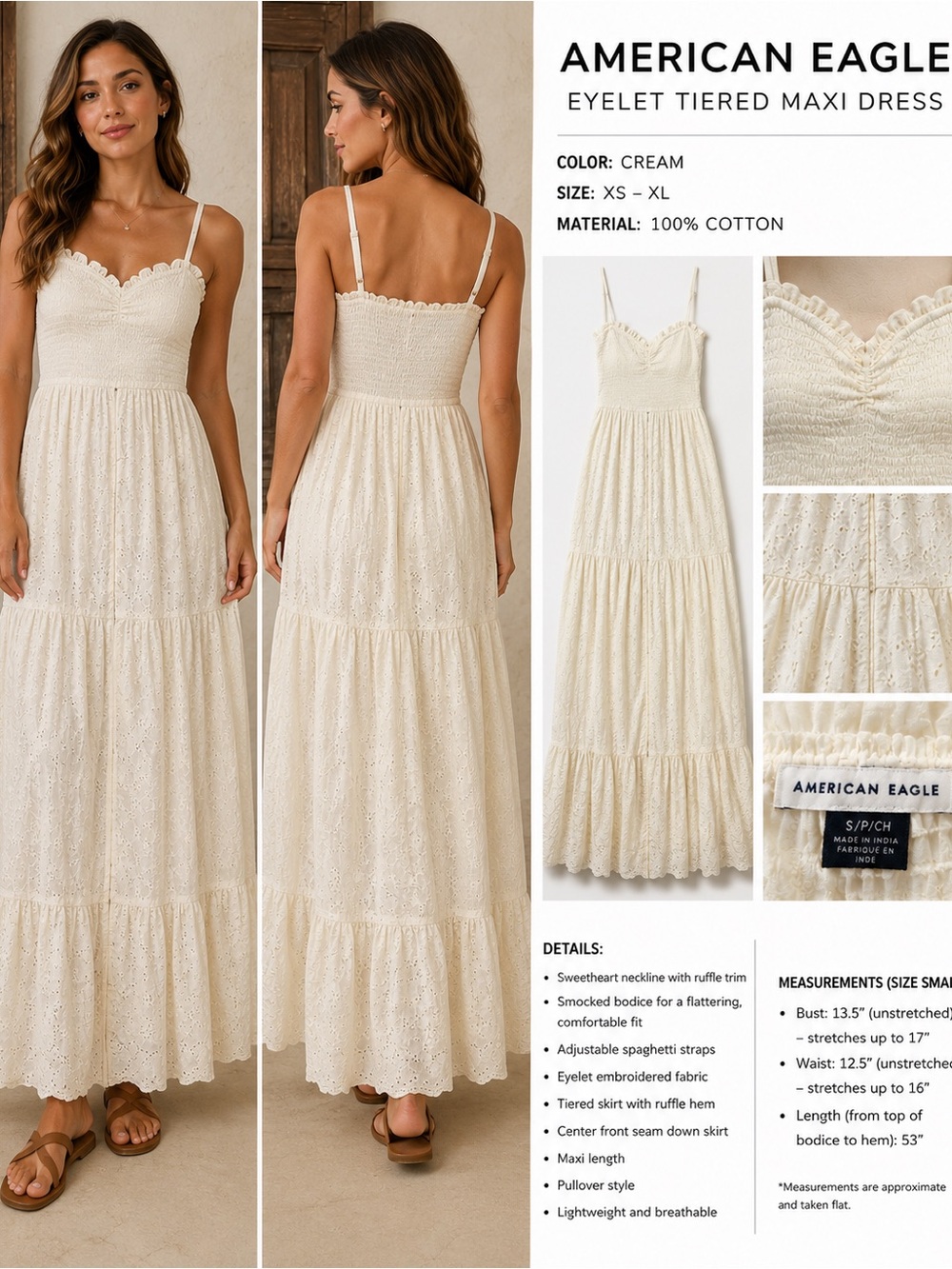 American Eagle Outfitters Cream Eyelet Tiered Maxi Dress